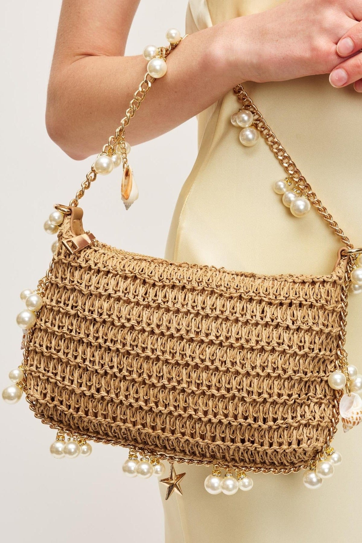 28829 Steph Straw Pearl Lined Evening Bag - MiMi Wholesale