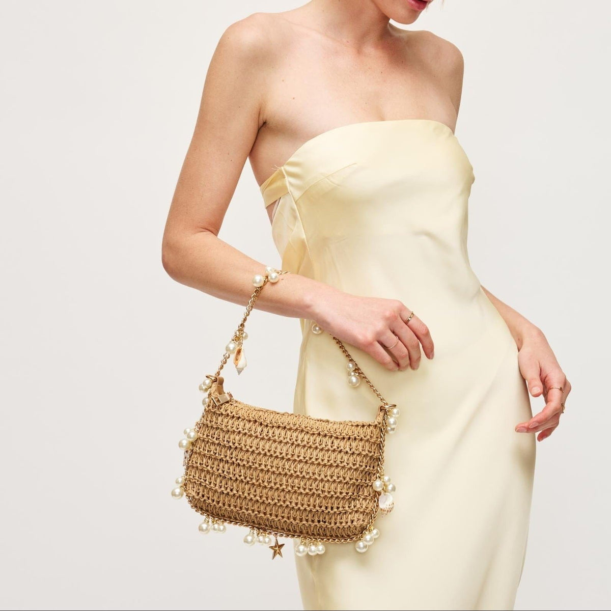 28829 Steph Straw Pearl Lined Evening Bag - MiMi Wholesale