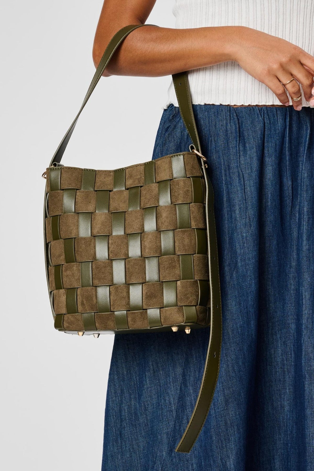 Moda Luxe 38684ML Olive bag styled on model, view 2