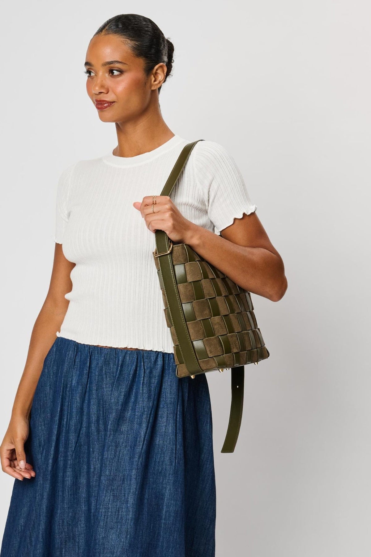 Moda Luxe 38684ML Olive bag styled on model, view 3