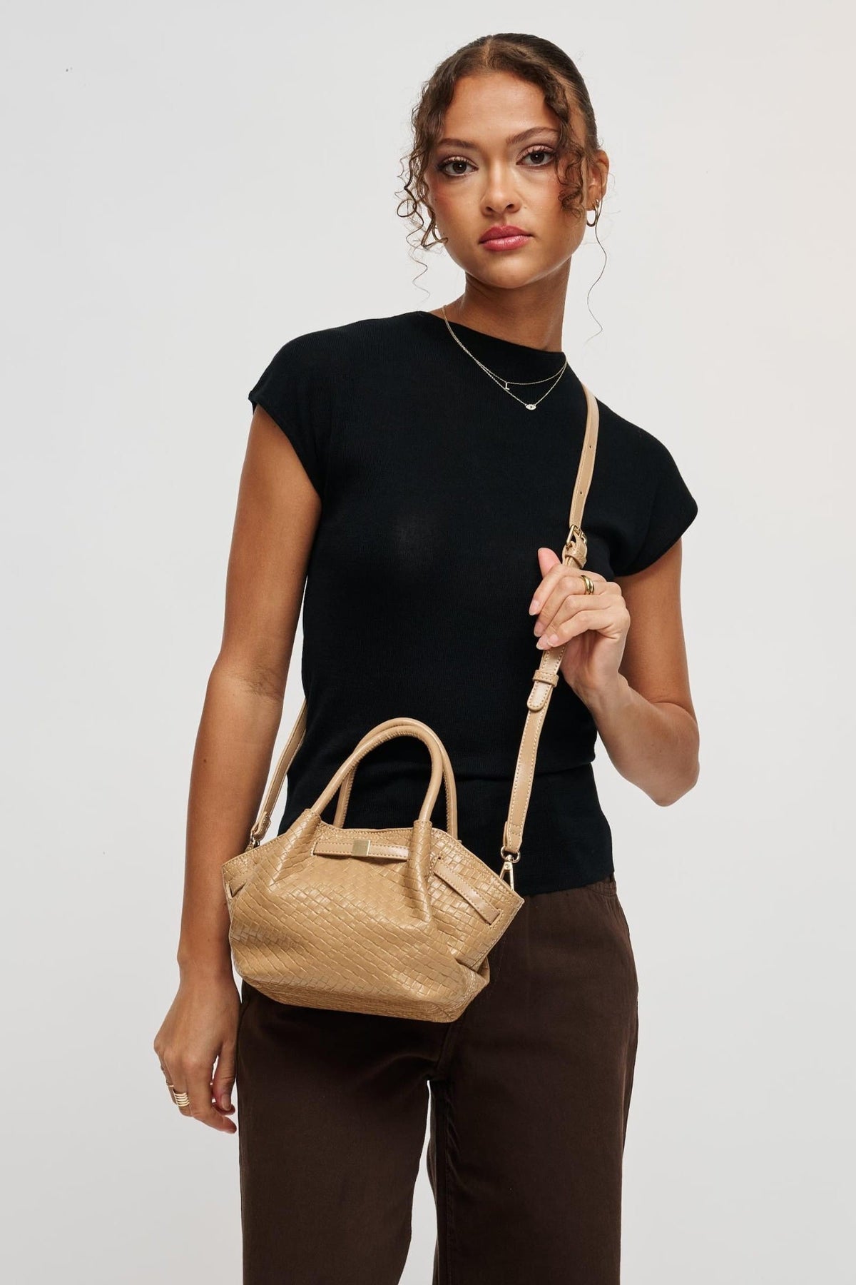 63032BEW Natural bag styled on model, view 2