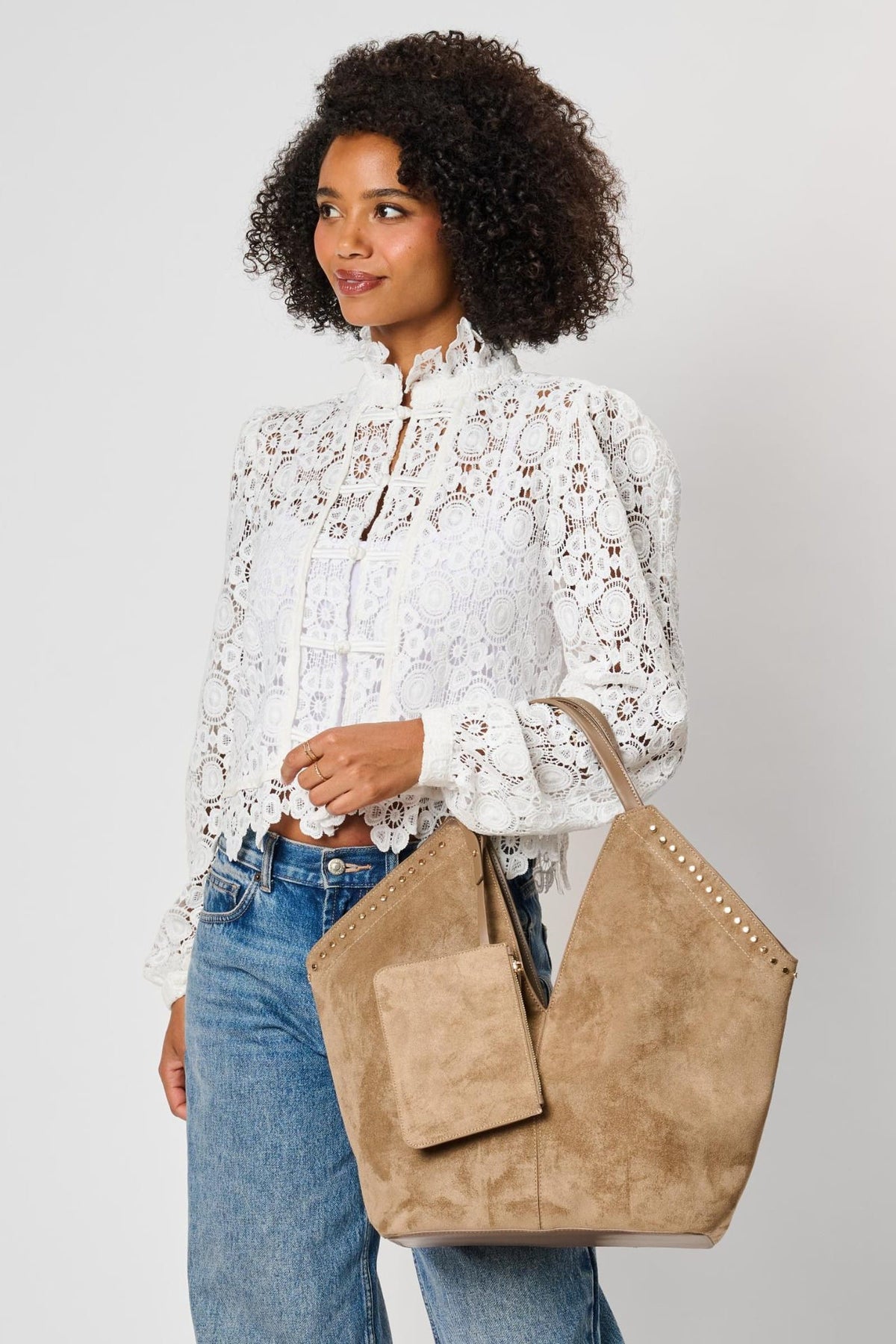Moda Luxe 64573ML Taupe bag styled on model, view 3