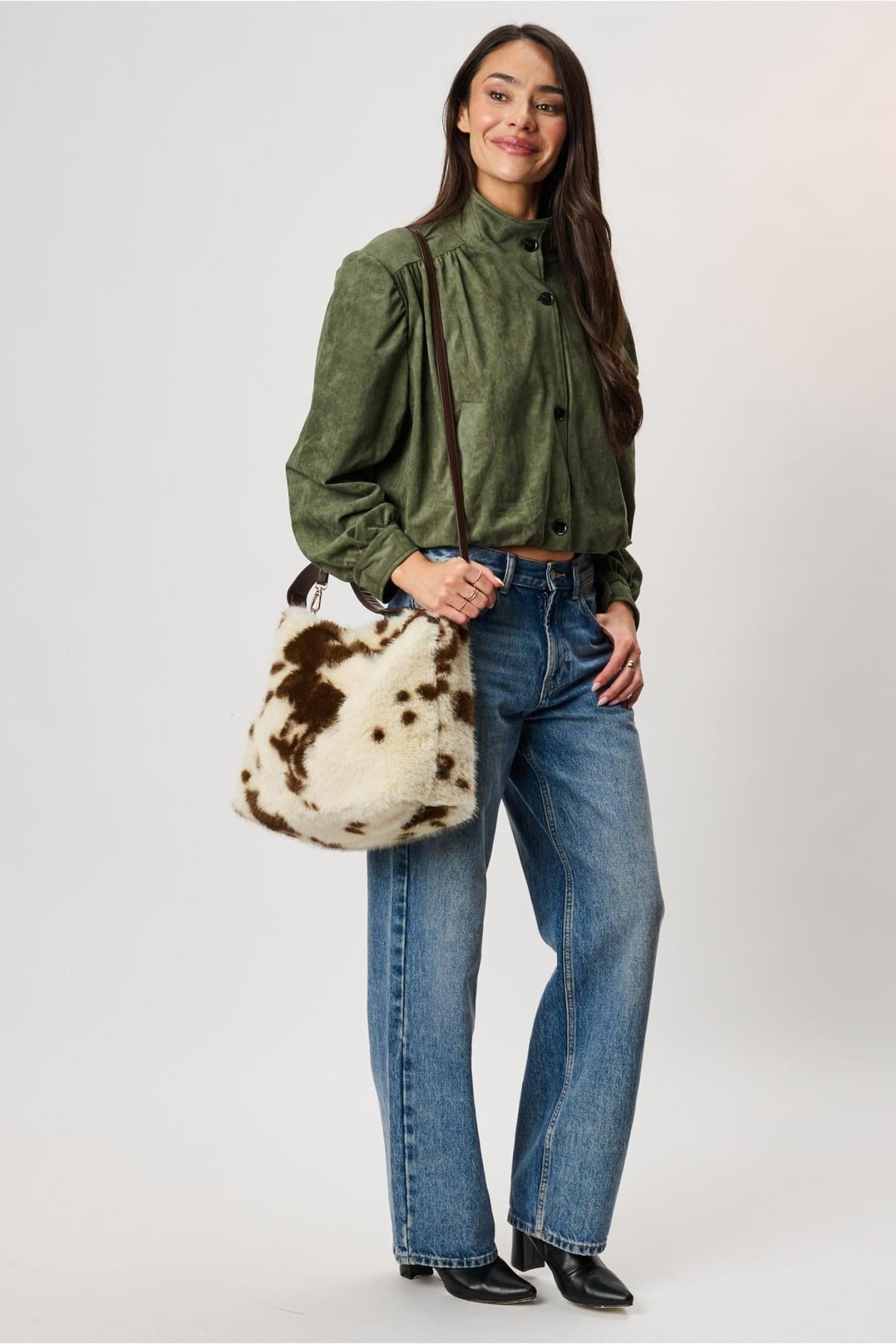 Moda Luxe 64578ML Brown Cream bag styled on model, view 3