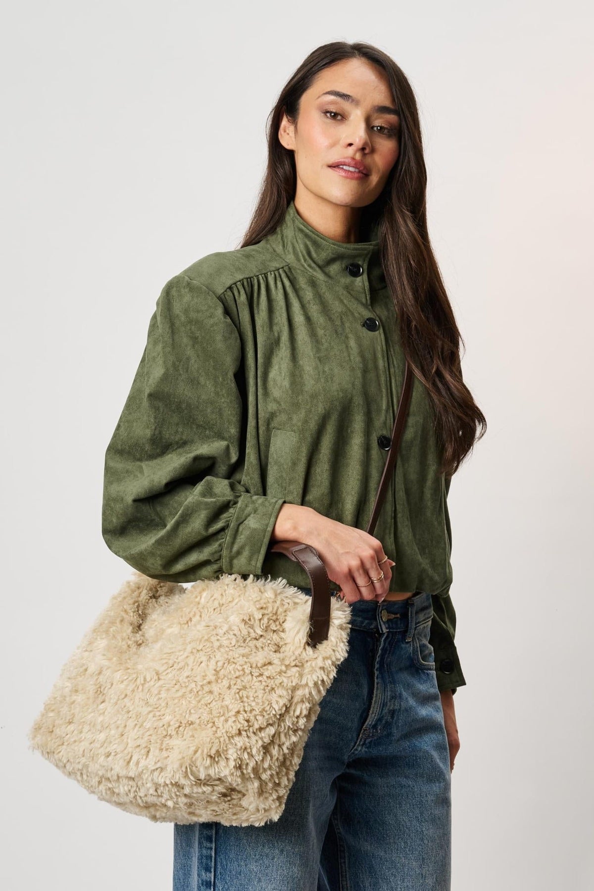 Moda Luxe 64578ML Cream bag styled on model, view 1