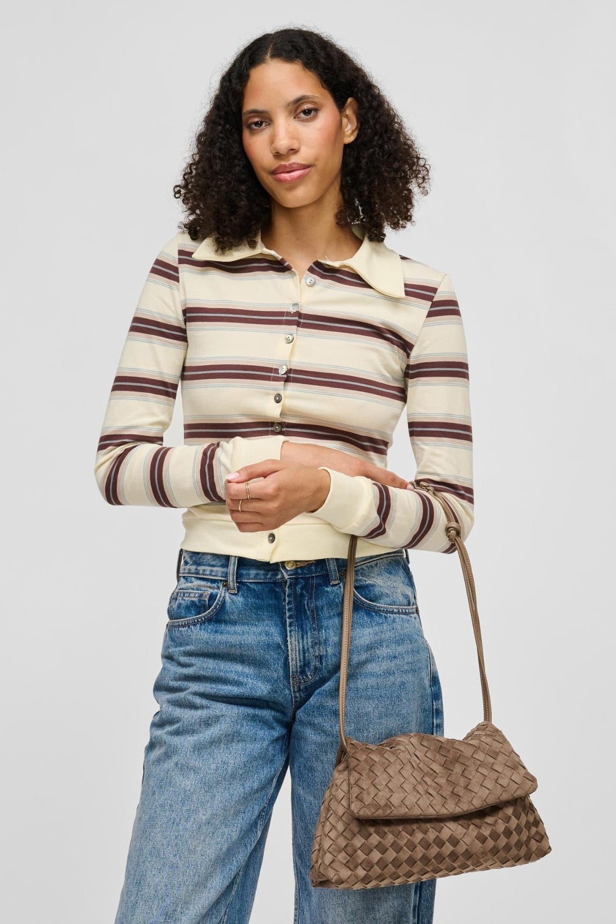 64617 Taupe bag styled on model, view 2