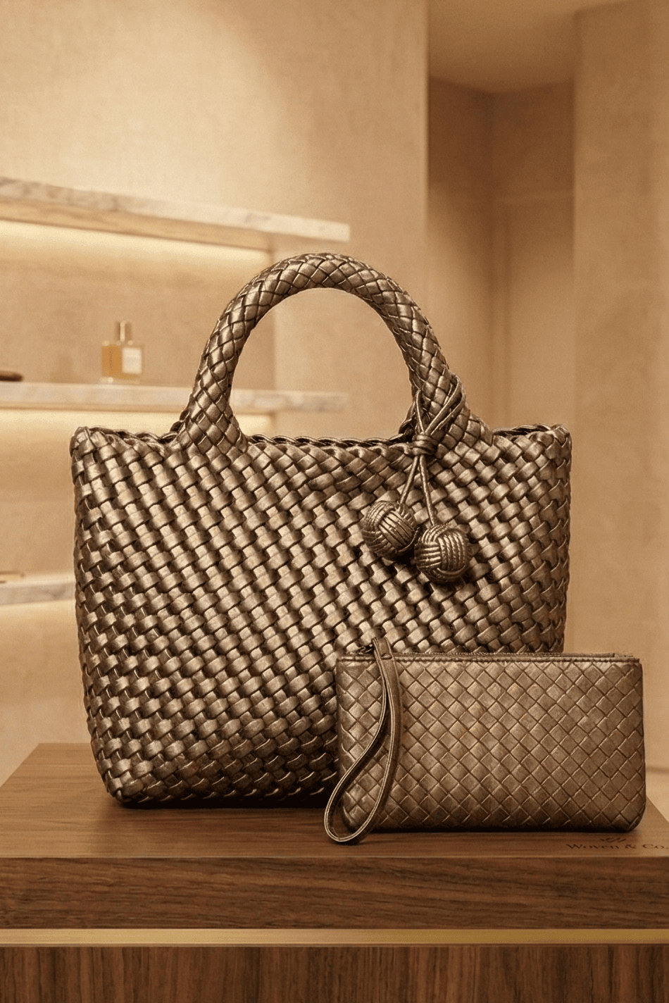 9045 Daya Mini Woven Tote Bag w/ Monkey Fist Bag Charm - MiMi Wholesale