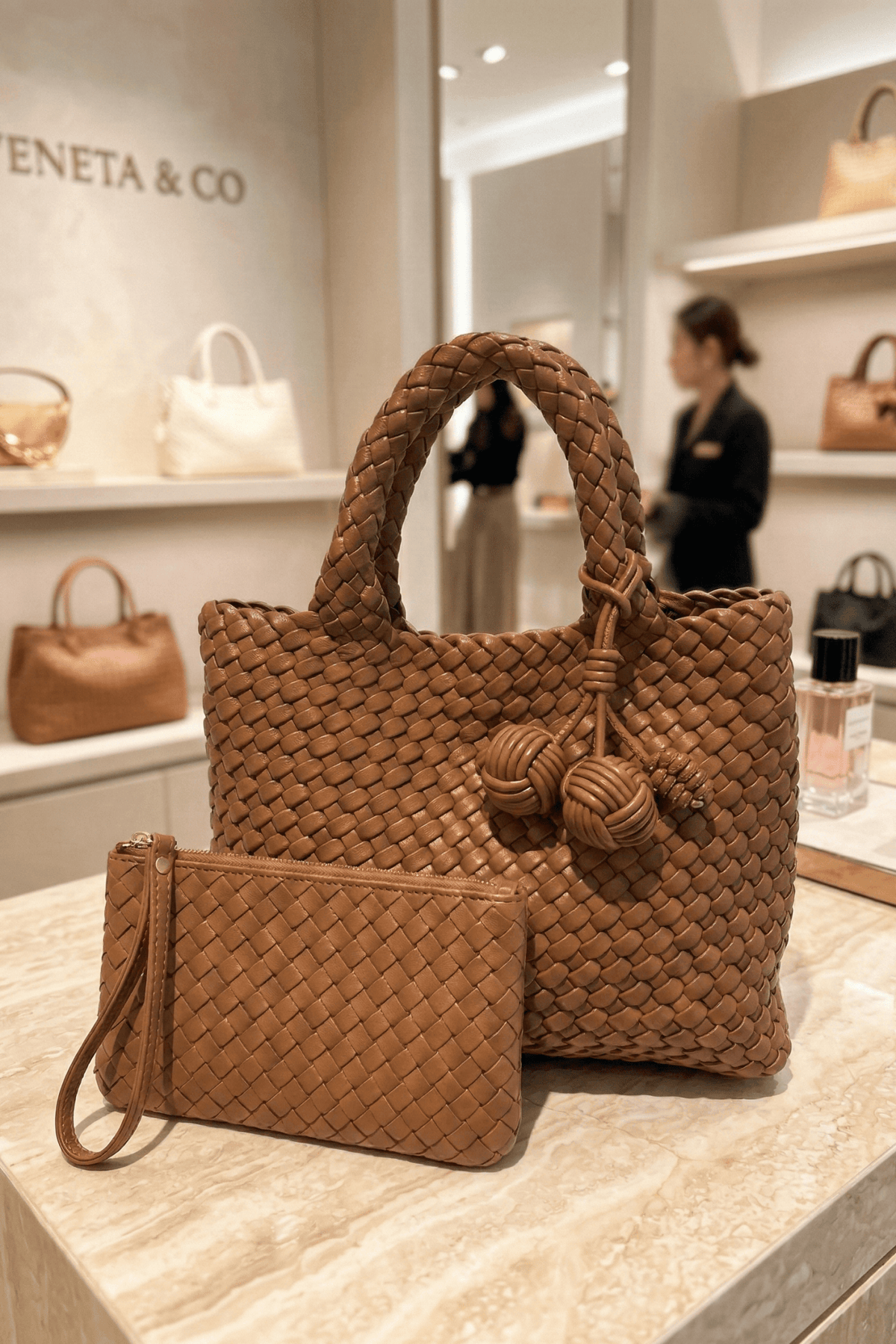 9045 Daya Mini Woven Tote Bag w/ Monkey Fist Bag Charm - MiMi Wholesale