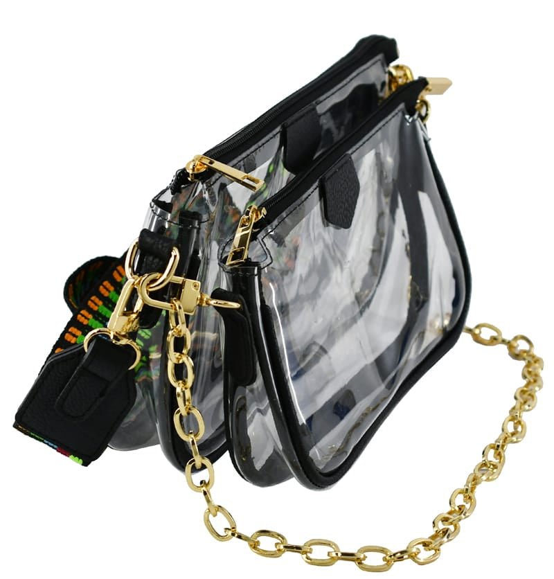 AD748T Clear Double Zip Crossbody Bag With Guitar/Chain Strap - MiMi Wholesale