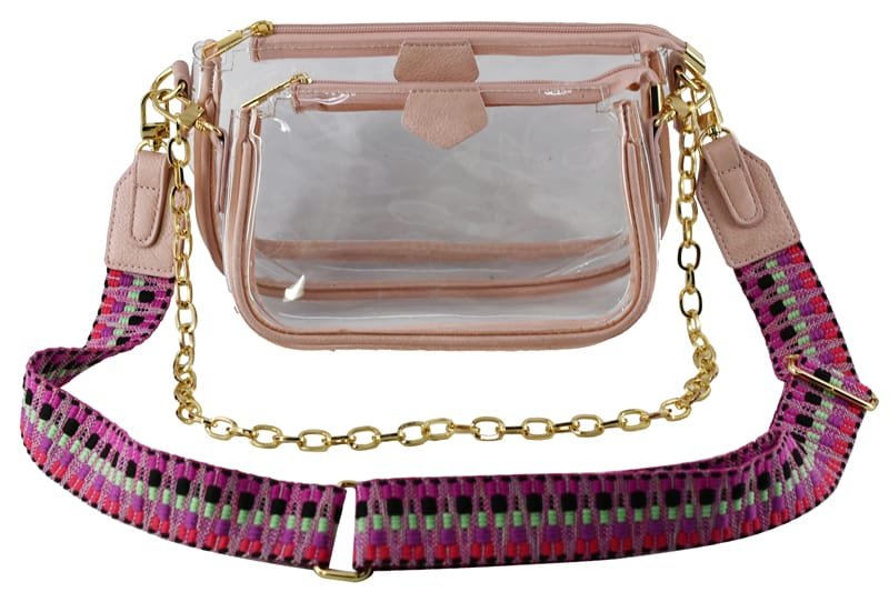 AD748T Clear Double Zip Crossbody Bag With Guitar/Chain Strap - MiMi Wholesale