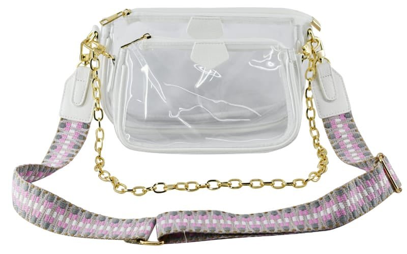 AD748T Clear Double Zip Crossbody Bag With Guitar/Chain Strap - MiMi Wholesale