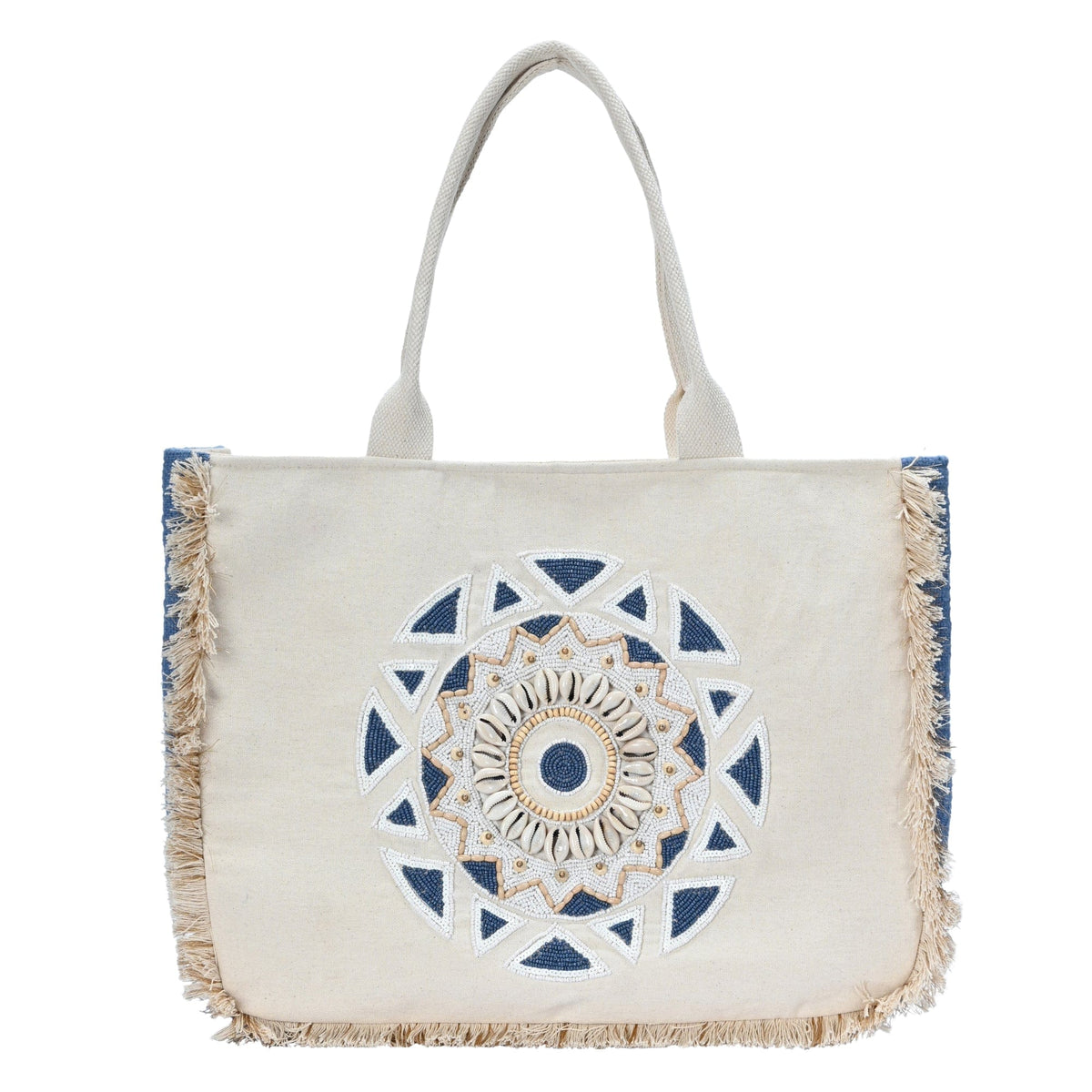 AIN288 Shells&Beads - Work Fringe over Jute Canvas Large Tote - MiMi Wholesale