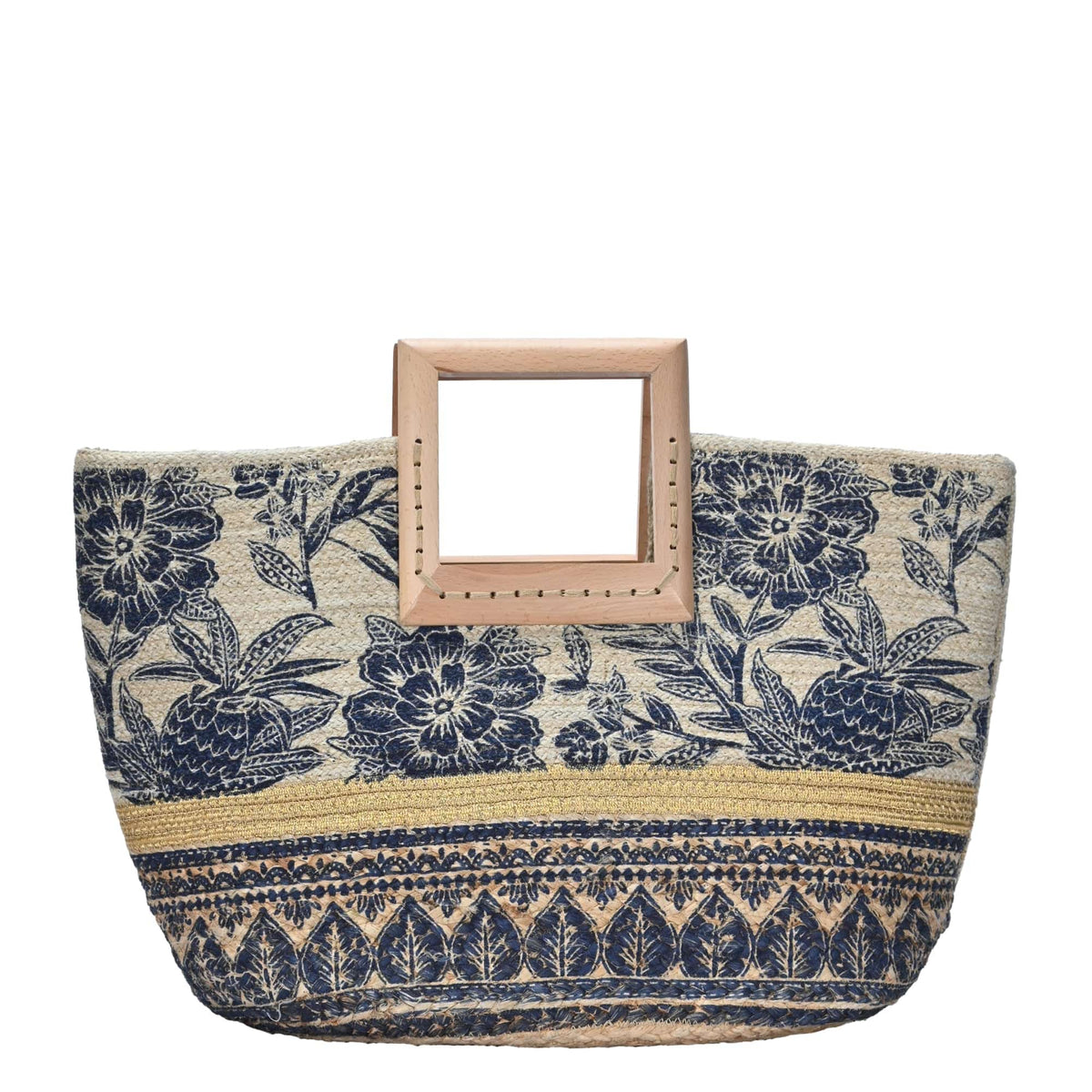 BGAIN204 Handmade Tropical Jute Tote With Light Wood Handles - MiMi Wholesale