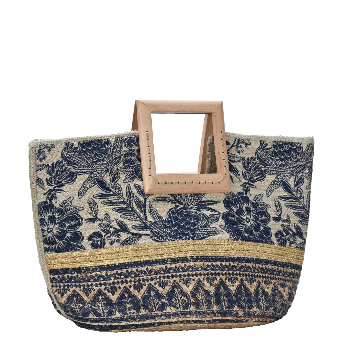 BGAIN204 Handmade Tropical Jute Tote With Light Wood Handles - MiMi Wholesale