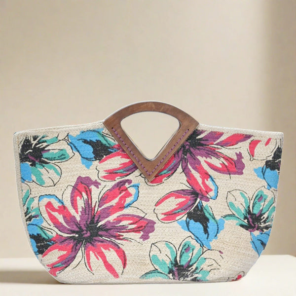 BGAIN206 Kaya Floral Print Jute Tote Bag With Wooden Handles - MiMi Wholesale