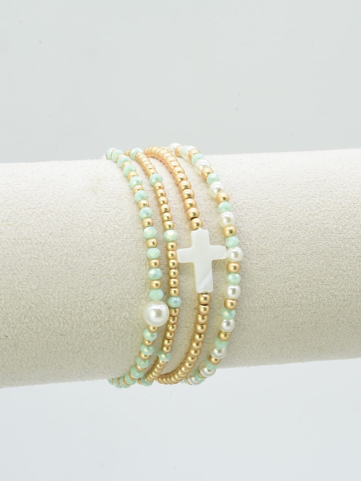CB2349 4 Piece Glass, Pearl, Cross Bracelet Set - MiMi Wholesale