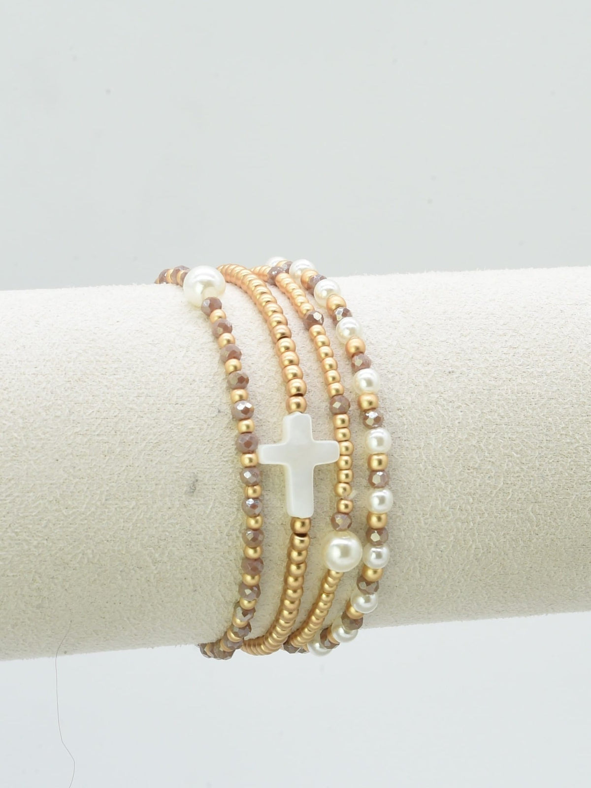 CB2349 4 Piece Glass, Pearl, Cross Bracelet Set - MiMi Wholesale
