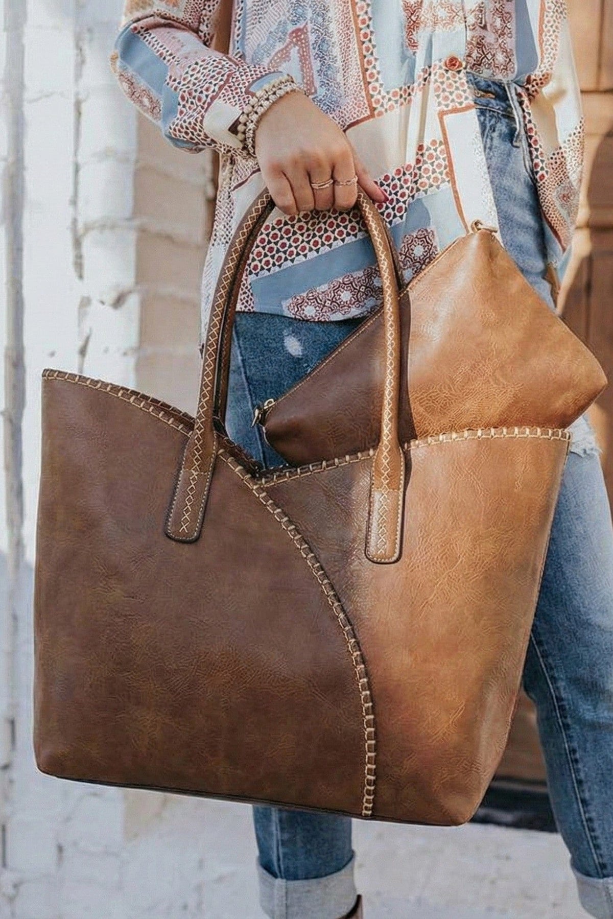 COL0012 2 - in - 1 Stitch Trim Detail Shoulder/Tote Set Bag - MiMi Wholesale