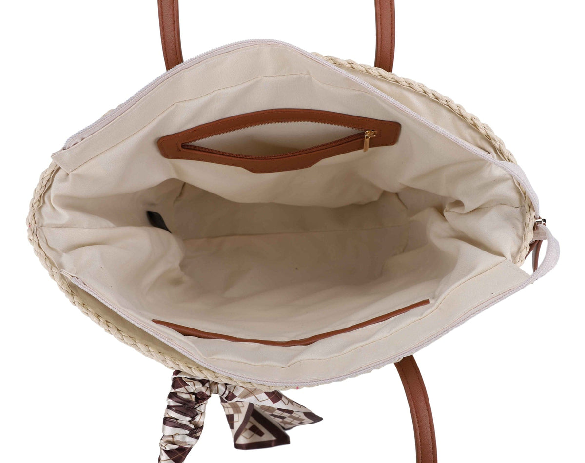 EJ60420 Penelope Straw Tote Bag With Scarf - MiMi Wholesale