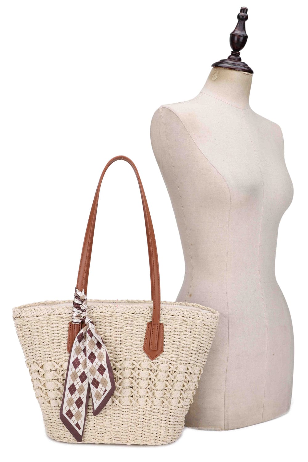 EJ60420 Penelope Straw Tote Bag With Scarf - MiMi Wholesale