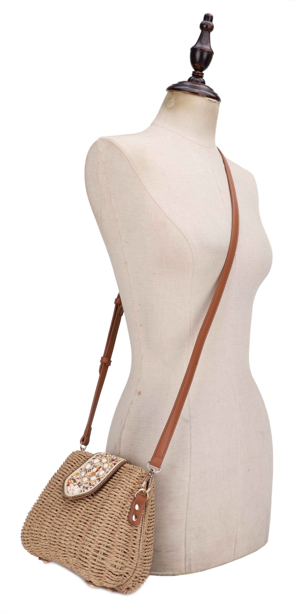 EJ60445 Straw Crossbody Bag With Beaded Buckle - MiMi Wholesale