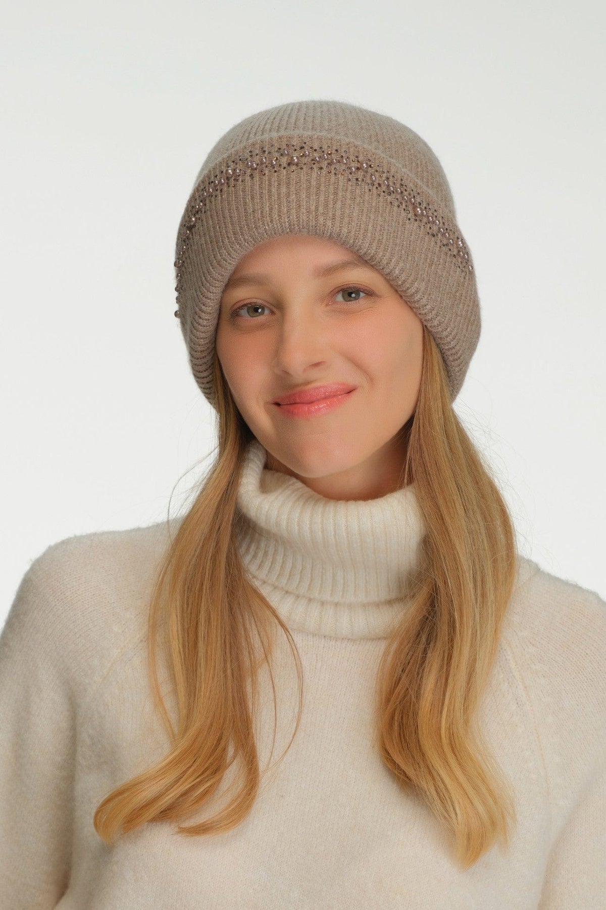 HTC0067 Pearl and Rhinestone Angora Cuff Beanie - MiMi Wholesale