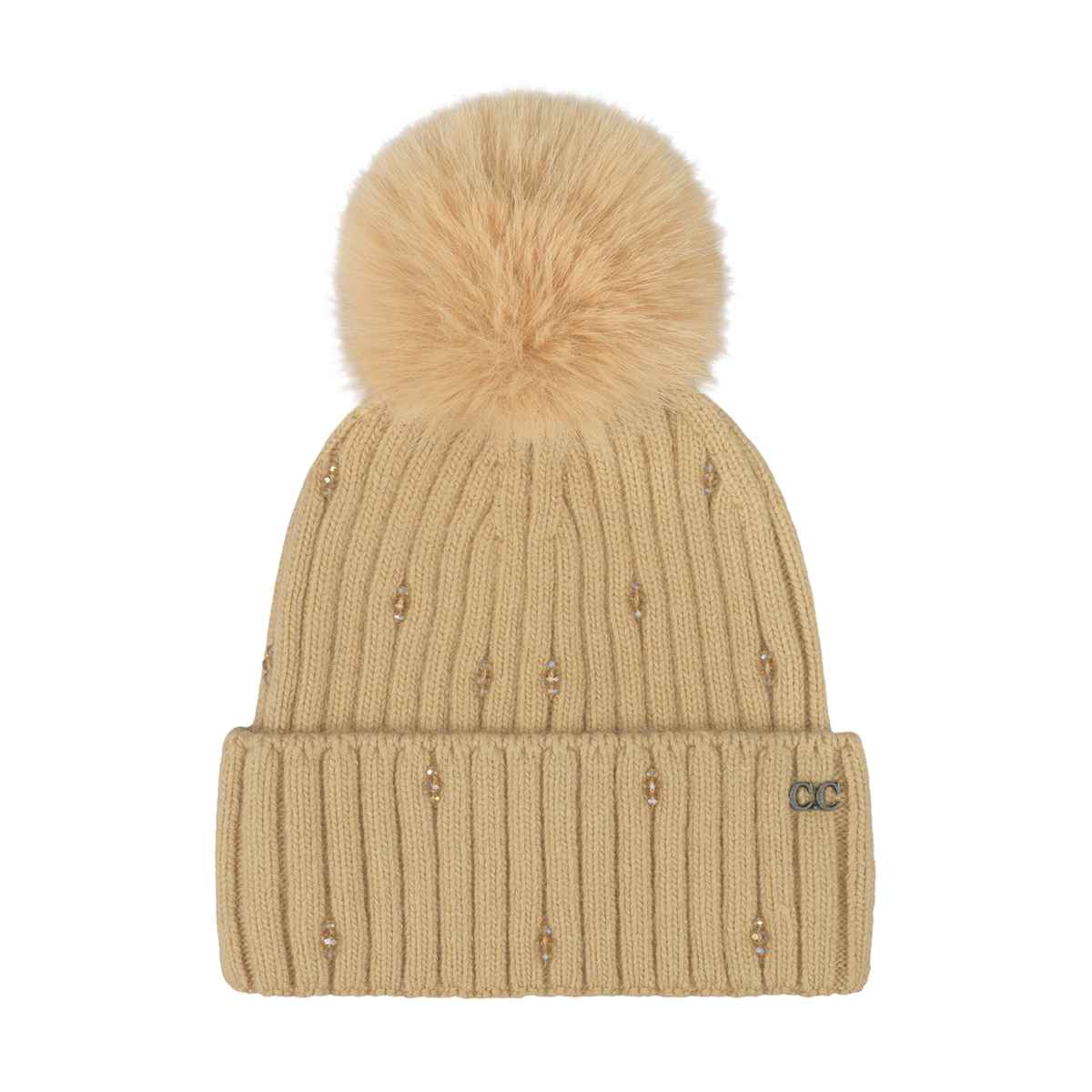 HTC0069 Glass Bead Cuff Faux Fur Pom Beanie - MiMi Wholesale