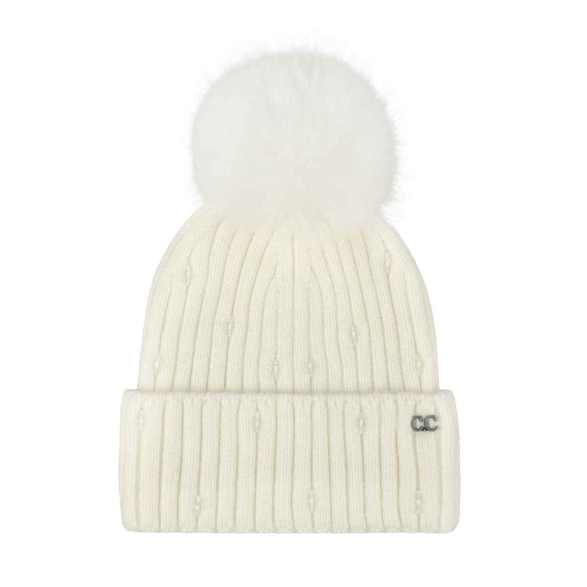HTC0069 Glass Bead Cuff Faux Fur Pom Beanie - MiMi Wholesale