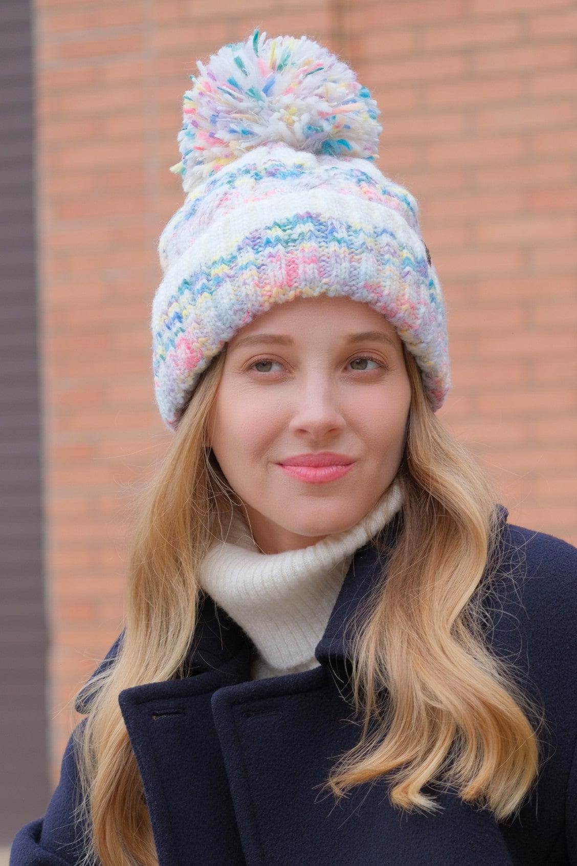 HTE0137 Multi Color Cable Pom Beanie - MiMi Wholesale