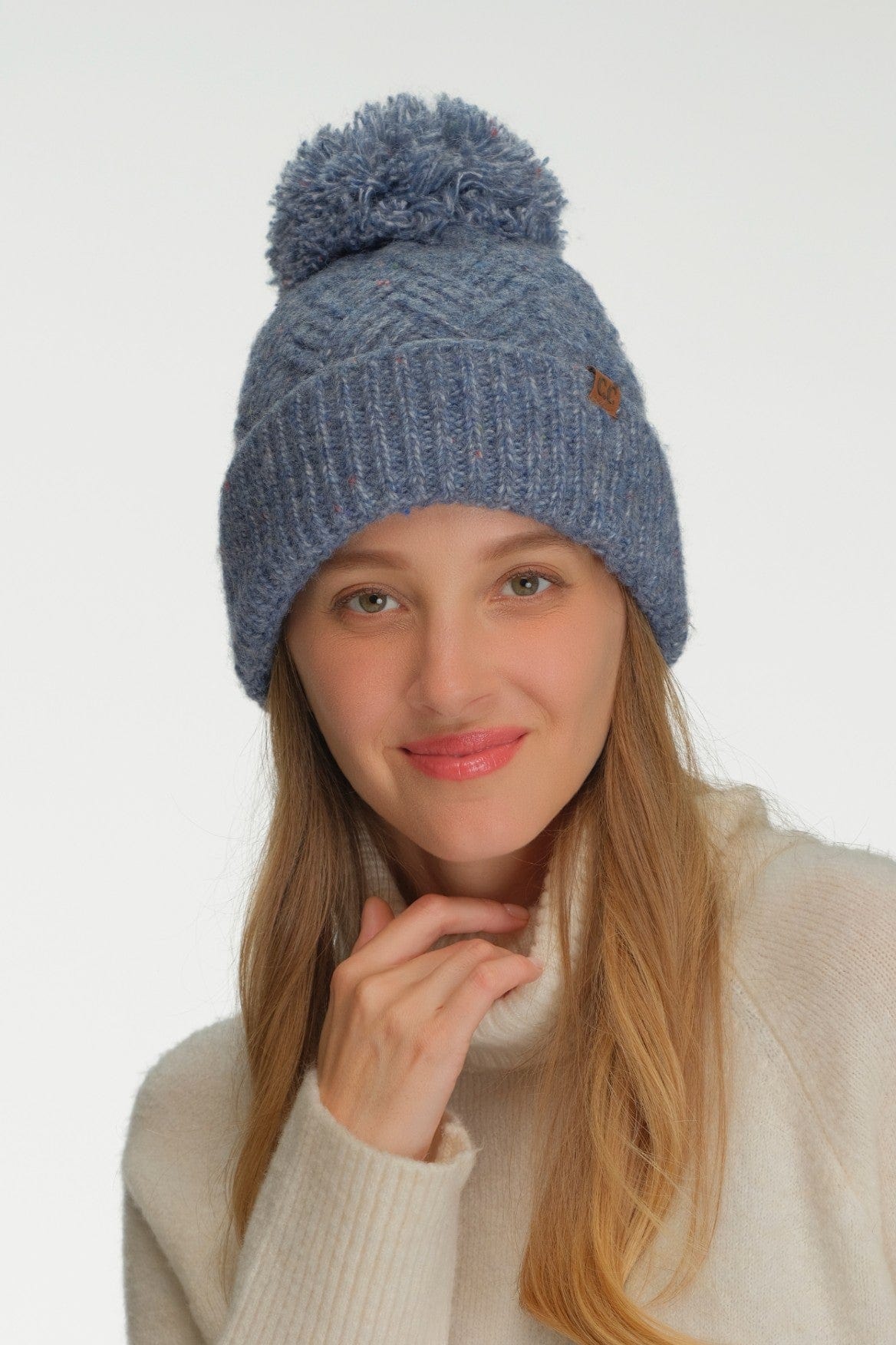 HTE0143 Criss Cross Pattern Yarn Pom Beanie - MiMi Wholesale