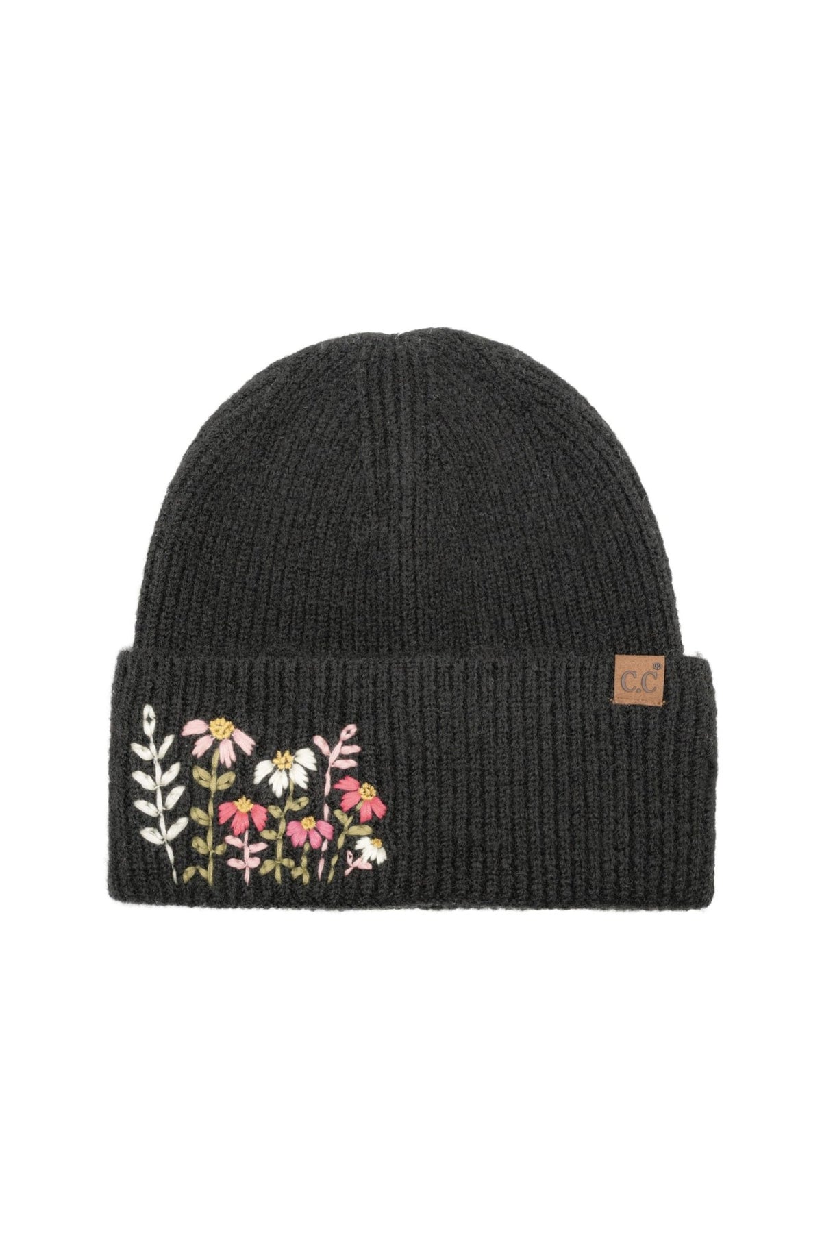 HTE0166 Daisy Floral Embroidered Cuff Beanie - MiMi Wholesale