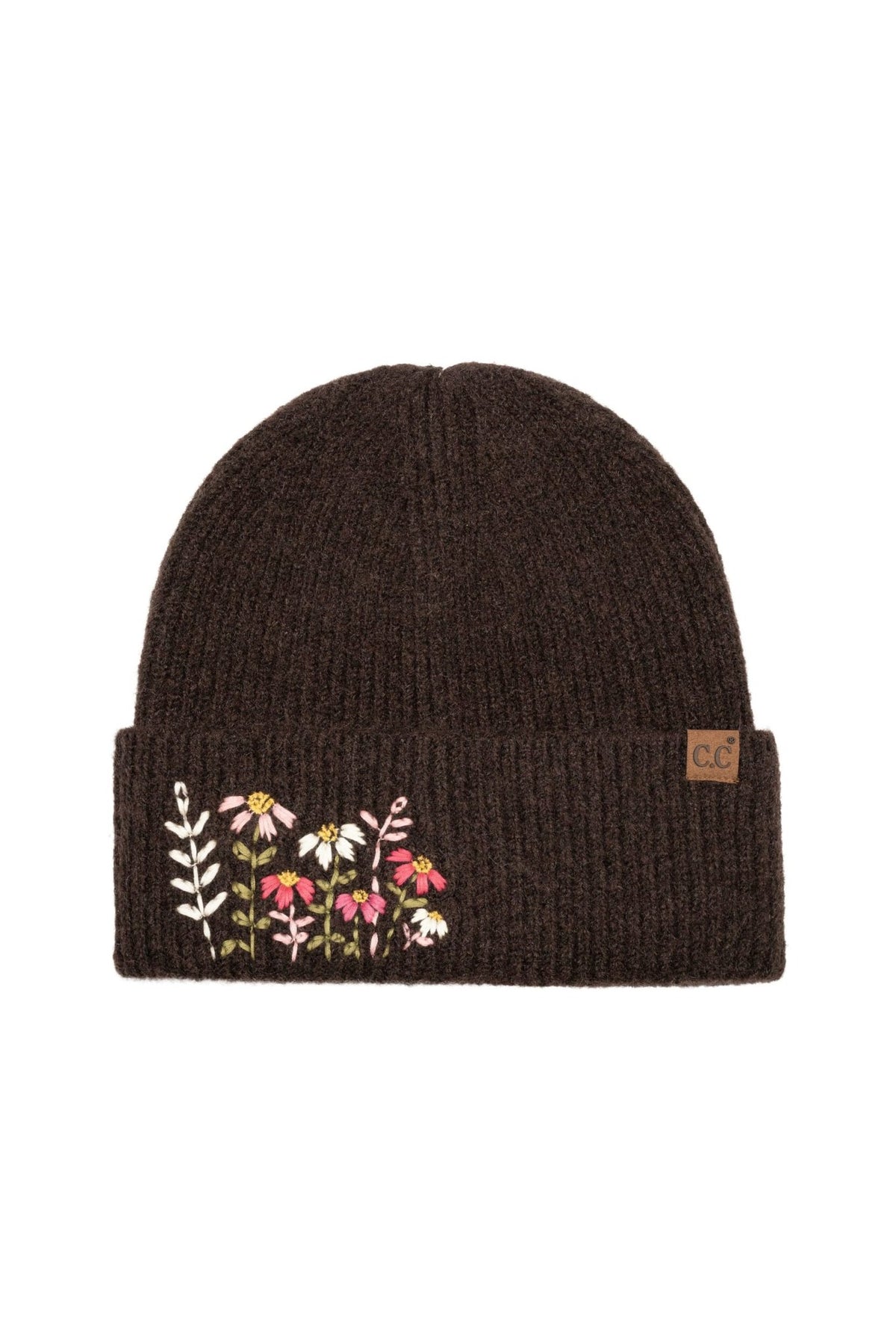 HTE0166 Daisy Floral Embroidered Cuff Beanie - MiMi Wholesale