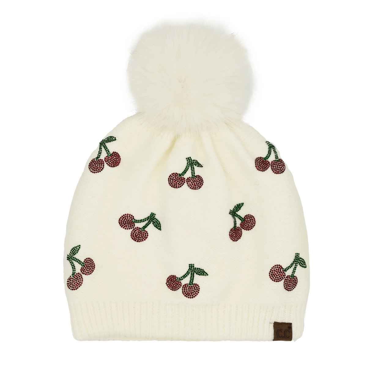 HTE0170 Cherry Rhinestone Pom Beanie - MiMi Wholesale