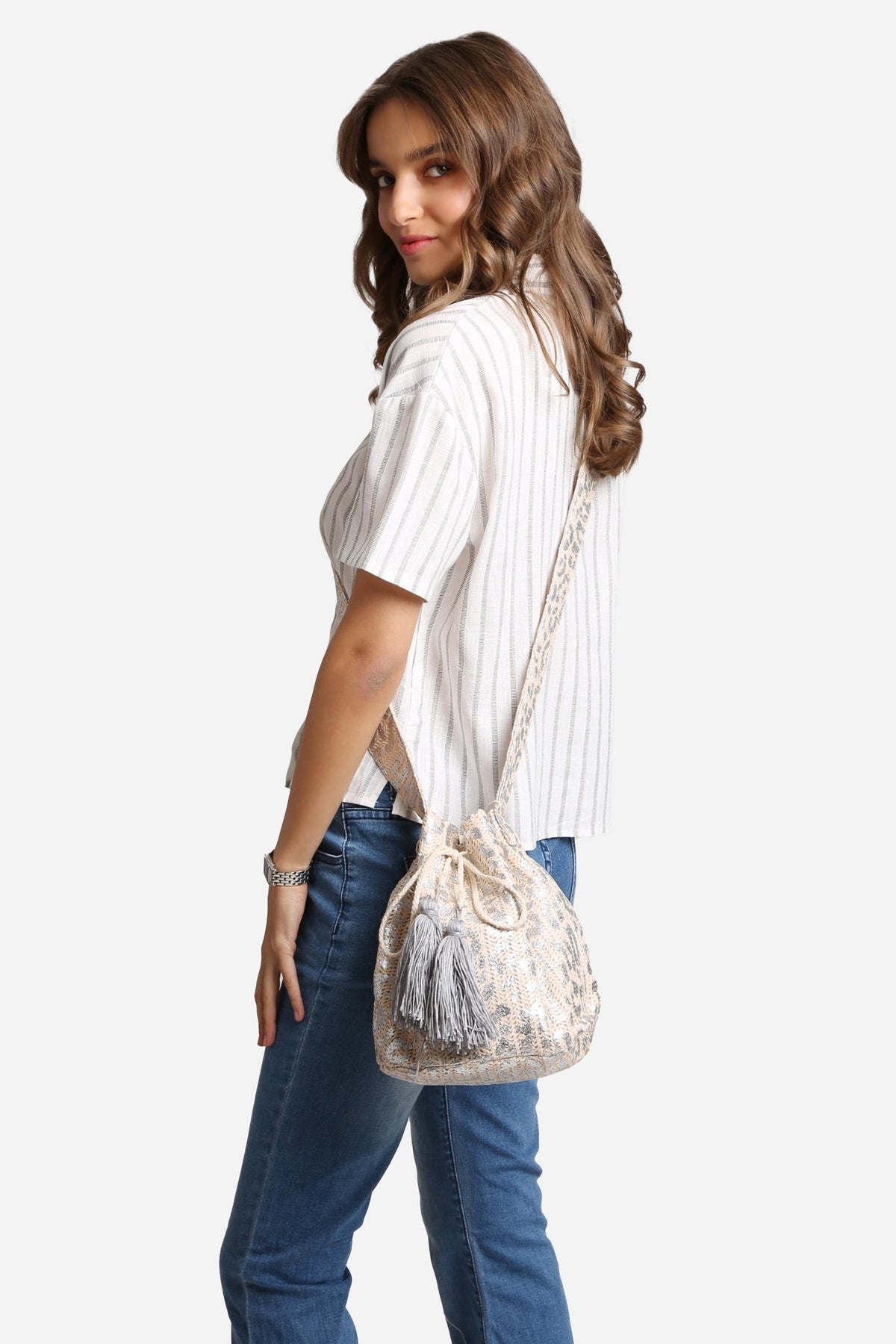 JBG221 Metallic Foil Leopard Straw Crossbody Bucket Bag - MiMi Wholesale