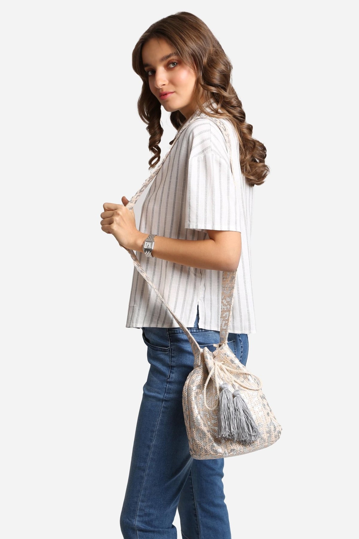 JBG221 Metallic Foil Leopard Straw Crossbody Bucket Bag - MiMi Wholesale