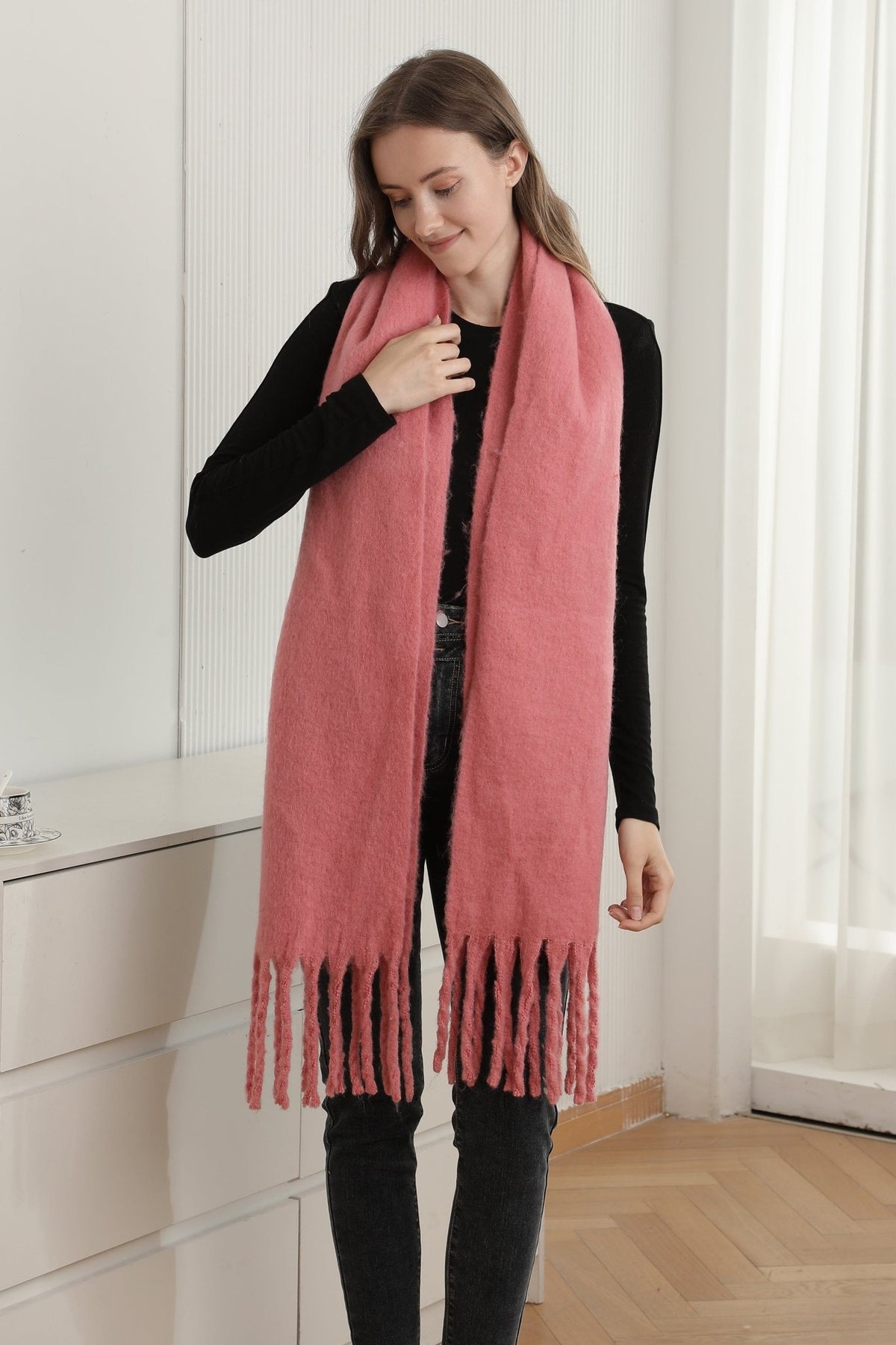 JS2416 Solid color Oblong Scarf with Fringe - MiMi Wholesale