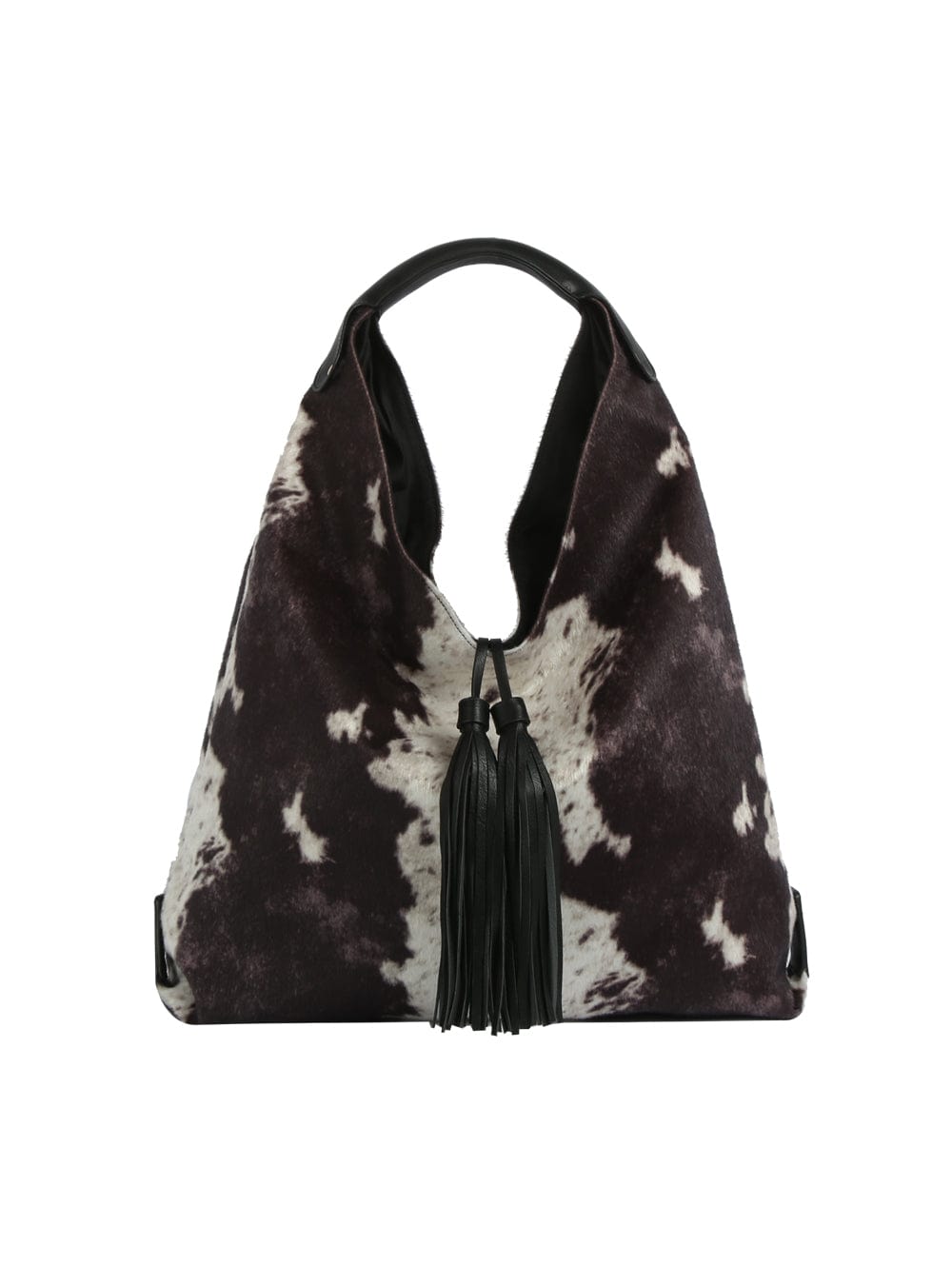 JY0567 Faux Suede Cow Print Hobo Tote Bag With Tassels - MiMi Wholesale