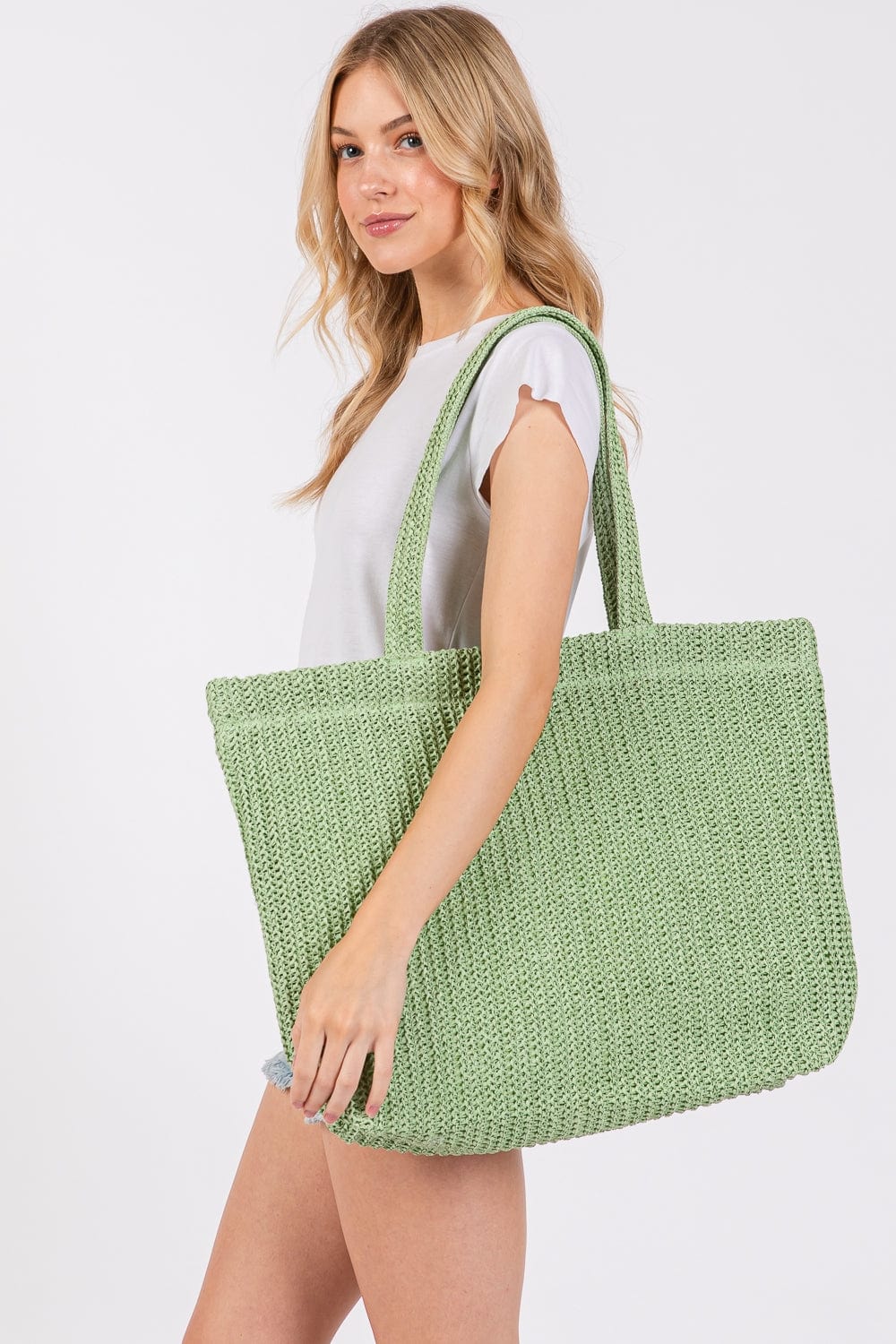 MB0271 Solid Crochet Straw Tote Bag - MiMi Wholesale