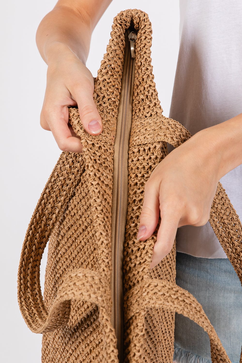 MB0271 Solid Crochet Straw Tote Bag - MiMi Wholesale
