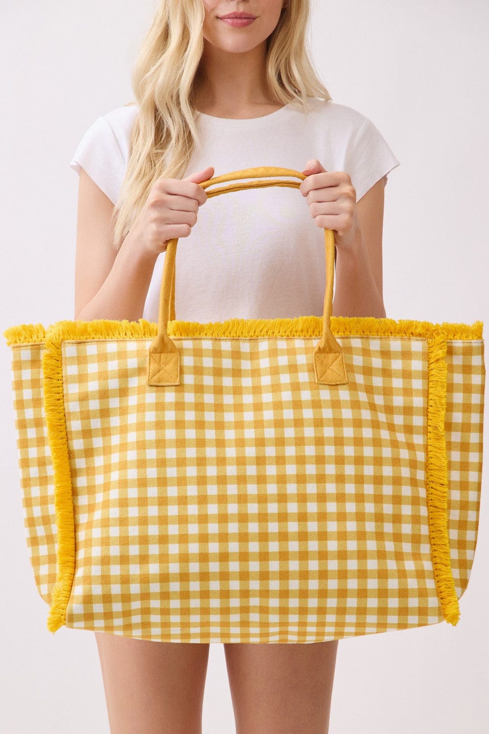 MB0327 Gingham Terry Cloth Fringe Beach Tote Bag - MiMi Wholesale