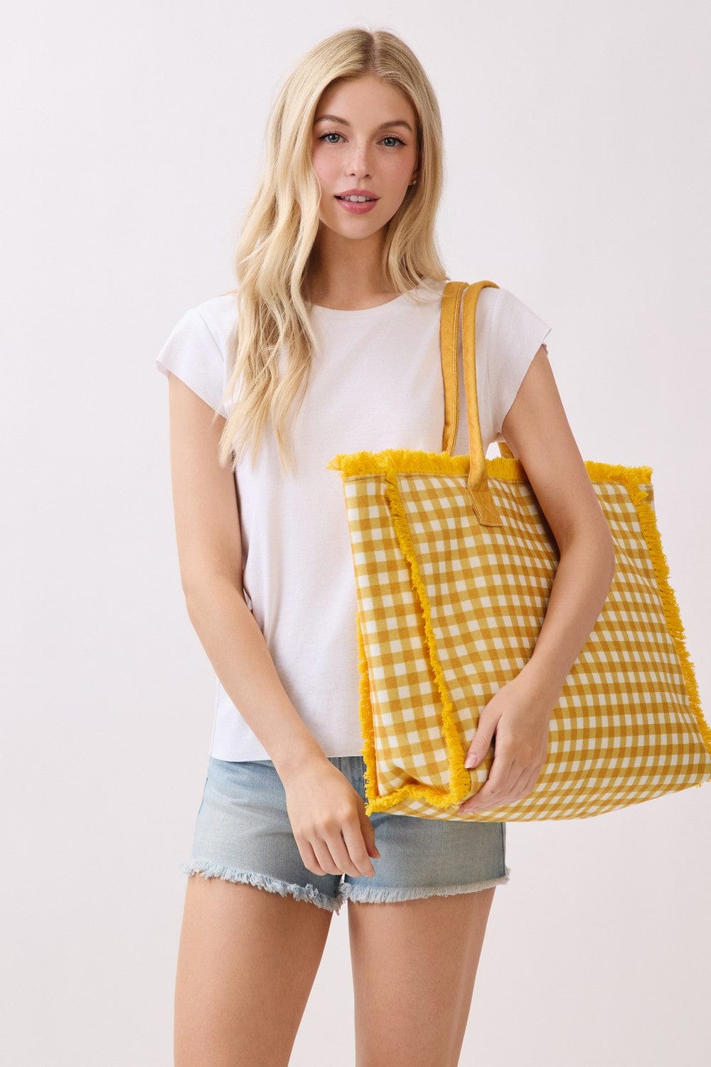 MB0327 Gingham Terry Cloth Fringe Beach Tote Bag - MiMi Wholesale