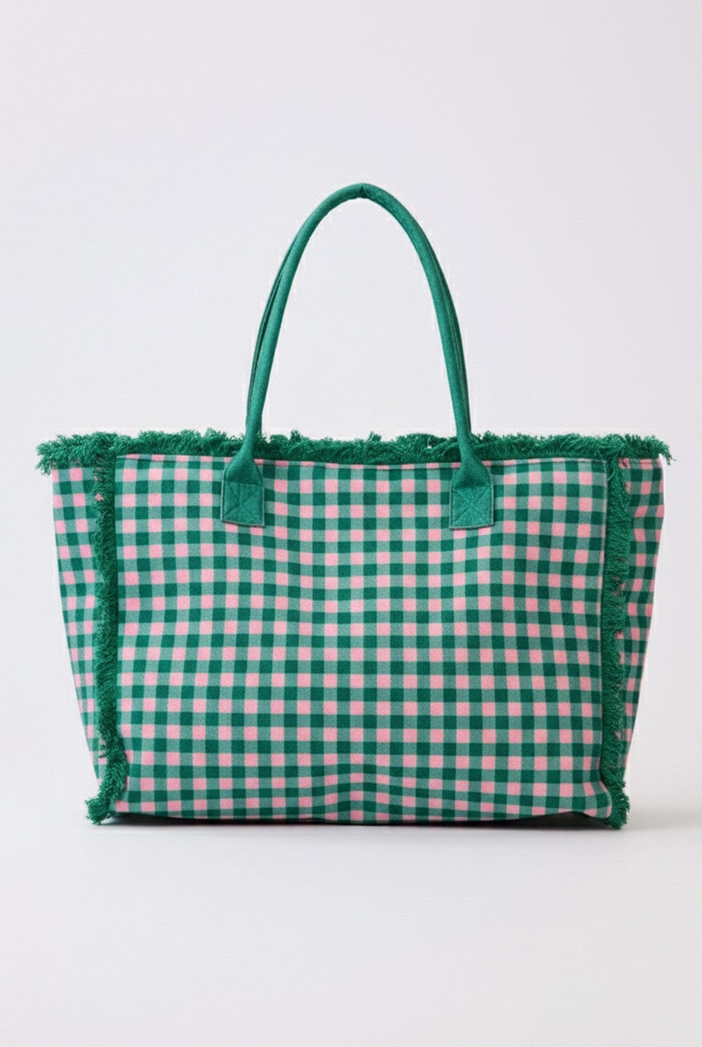 MB0327 Gingham Terry Cloth Fringe Beach Tote Bag - MiMi Wholesale