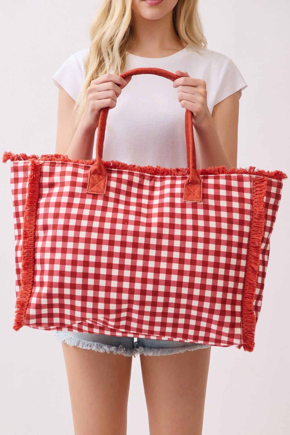 MB0327 Gingham Terry Cloth Fringe Beach Tote Bag - MiMi Wholesale