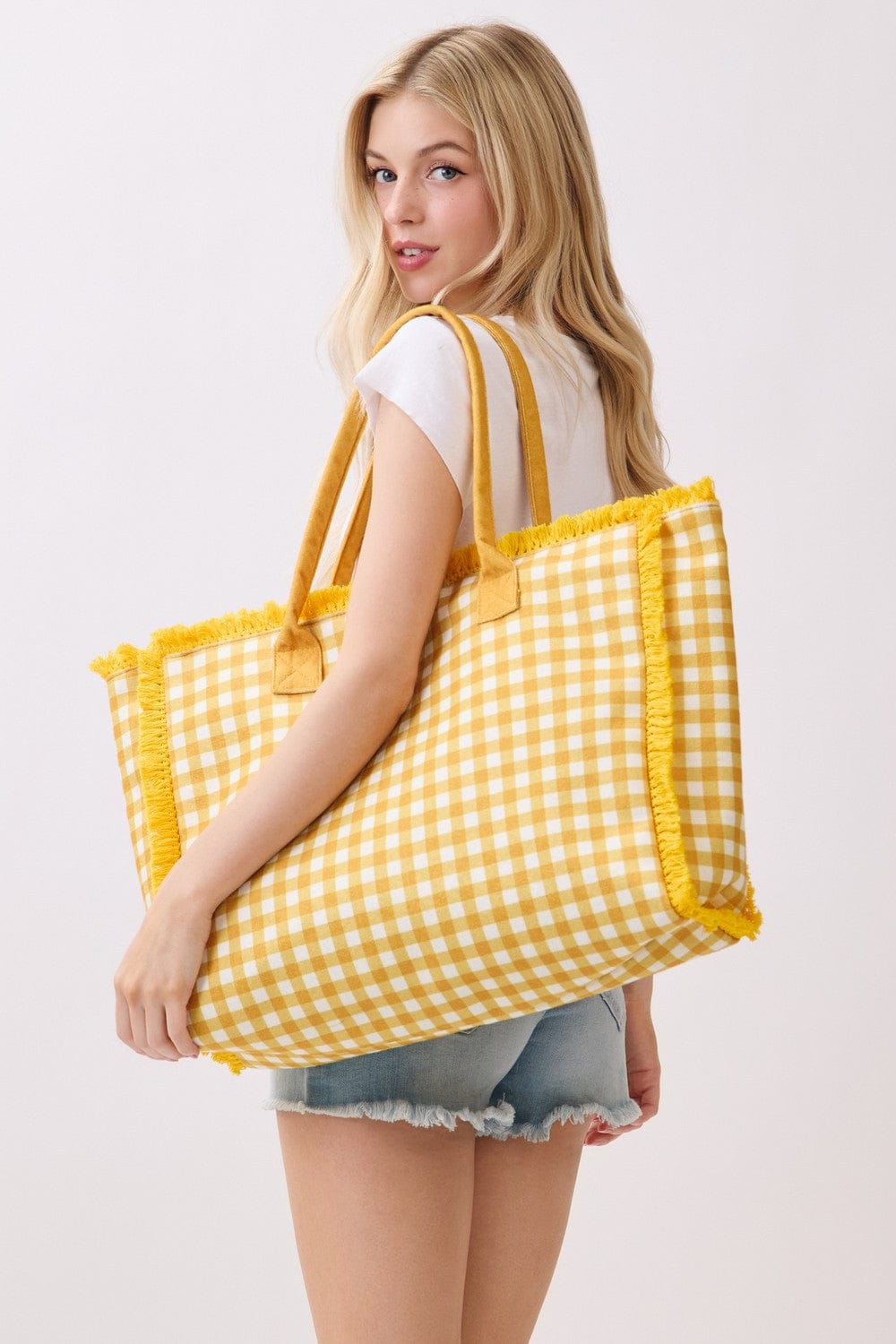 MB0327 Gingham Terry Cloth Fringe Beach Tote Bag - MiMi Wholesale