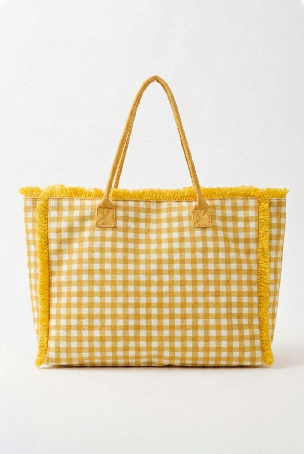 MB0327 Gingham Terry Cloth Fringe Beach Tote Bag - MiMi Wholesale