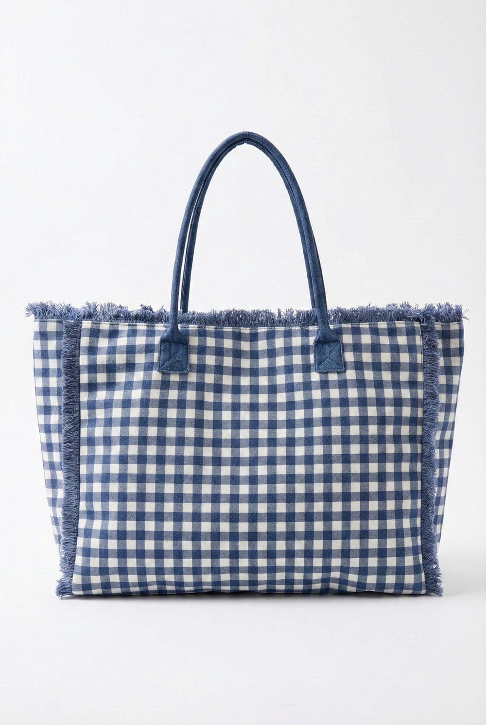 MB0327 Gingham Terry Cloth Fringe Beach Tote Bag - MiMi Wholesale