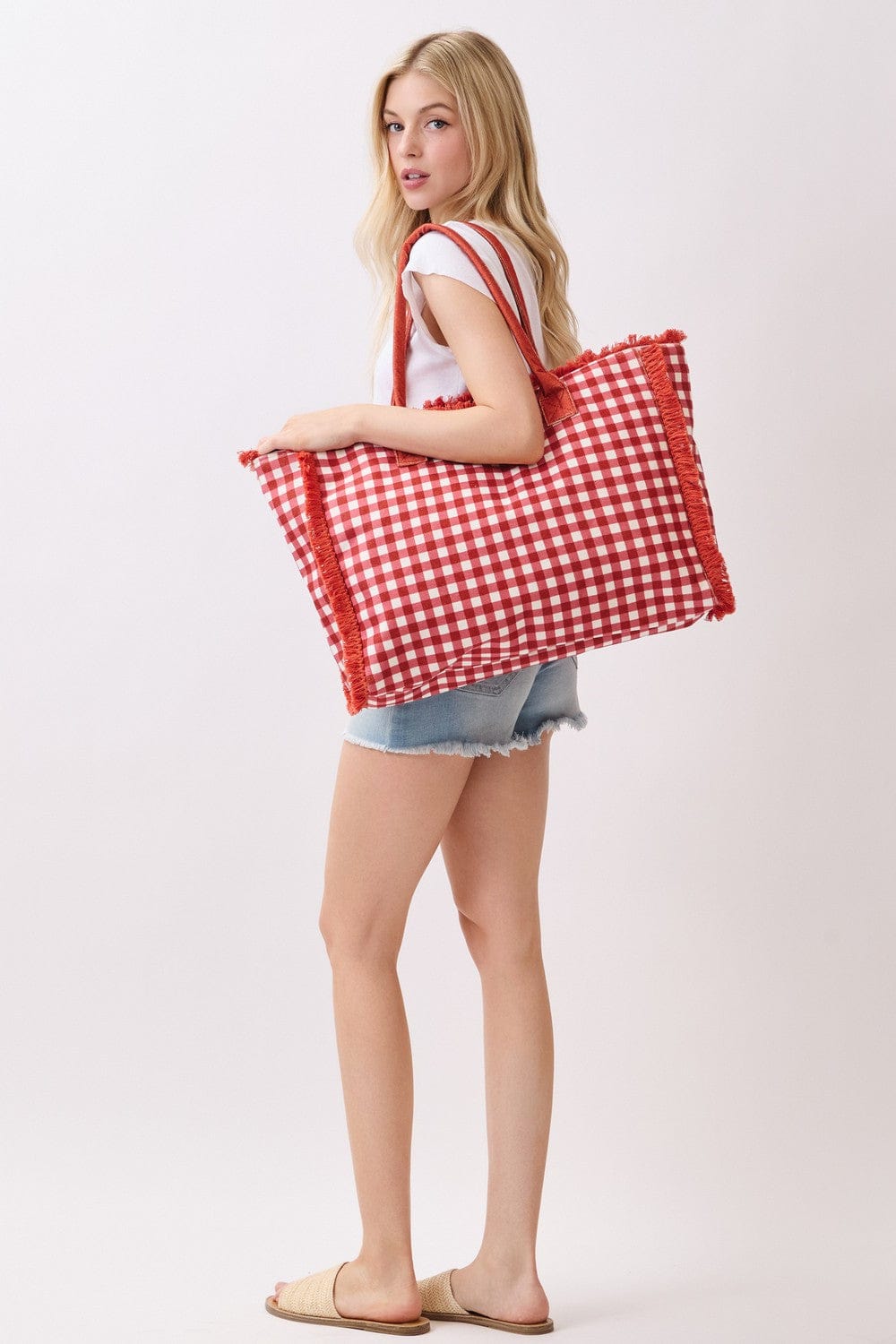 MB0327 Gingham Terry Cloth Fringe Beach Tote Bag - MiMi Wholesale
