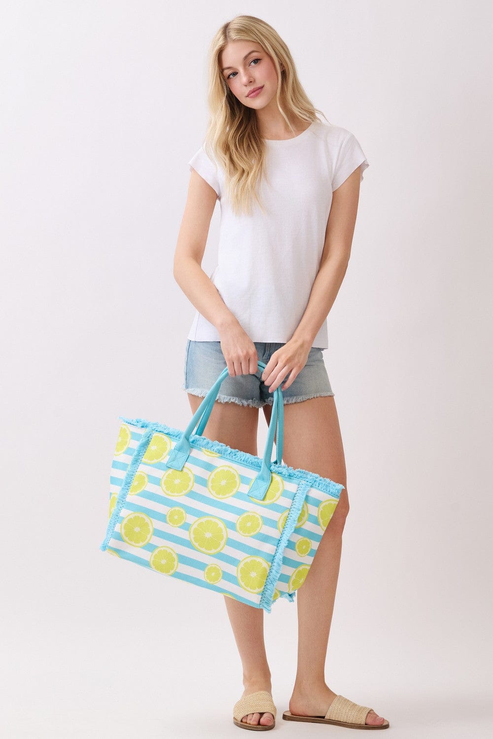 MB0332 Lemon Stripe Fringe Beach Tote Bag - MiMi Wholesale