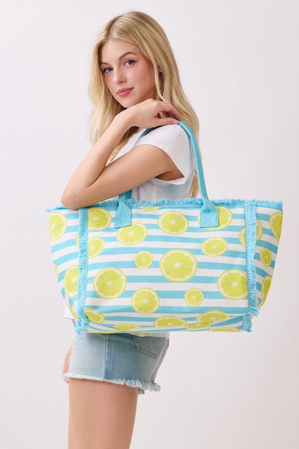 MB0332 Lemon Stripe Fringe Beach Tote Bag - MiMi Wholesale