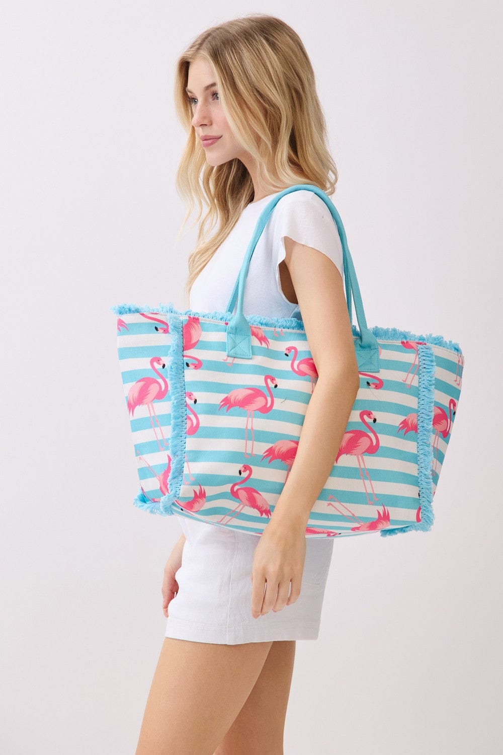 MB0335 Flamingo Stripe Fringe Beach Tote Bag - MiMi Wholesale
