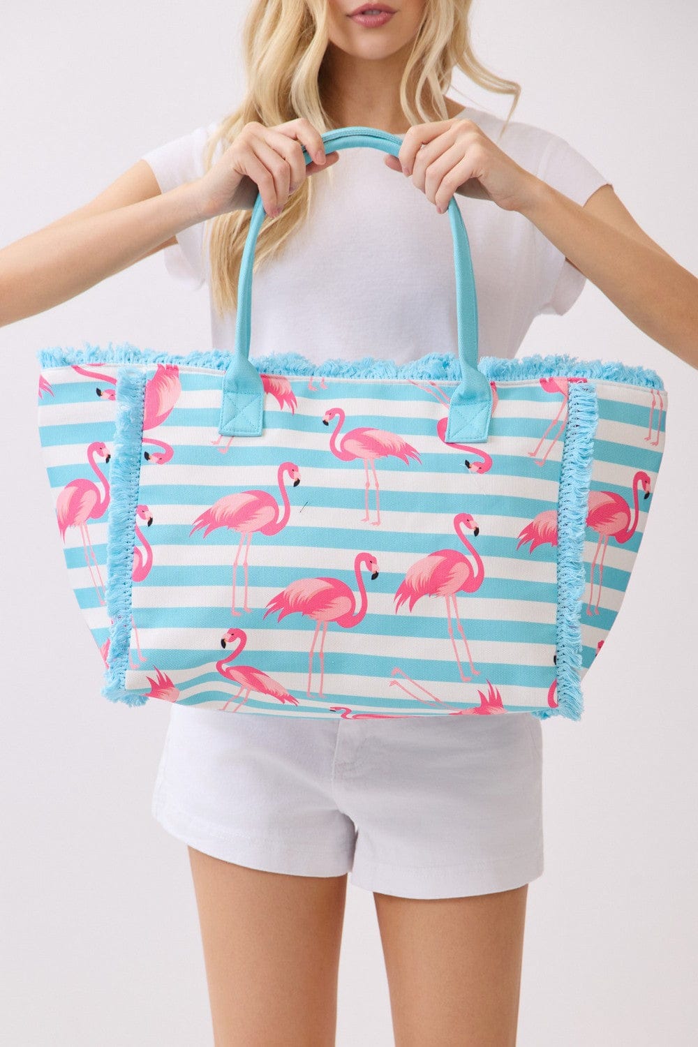 MB0335 Flamingo Stripe Fringe Beach Tote Bag - MiMi Wholesale